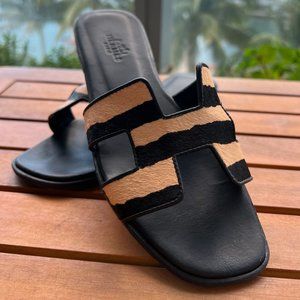 Hermès Black Horse Hair Zebra Print Oran Sandals, Size: EU 35
